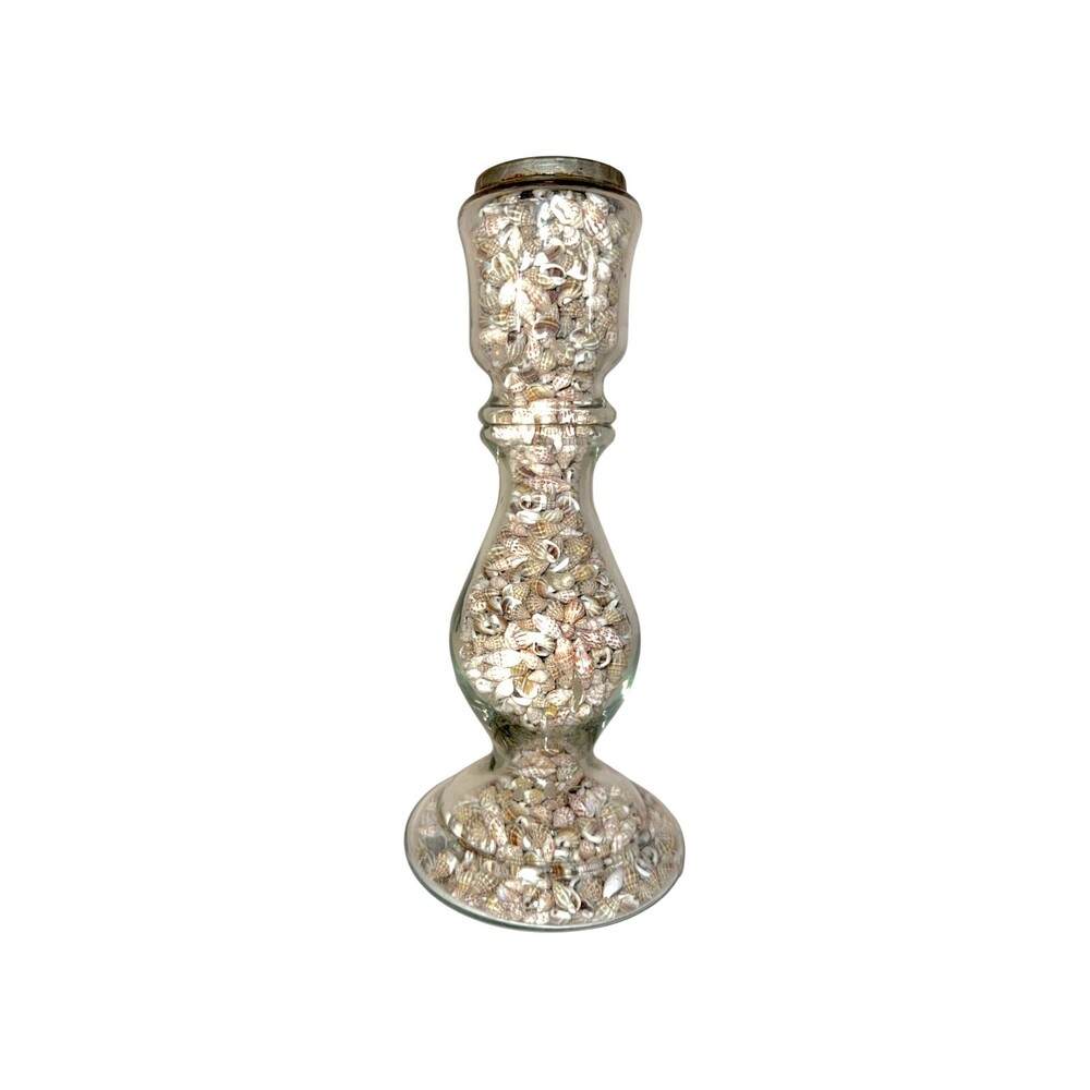 Vintage Coastal Glass Candlestick Holder Filled w Natural Seashells Beach Decor